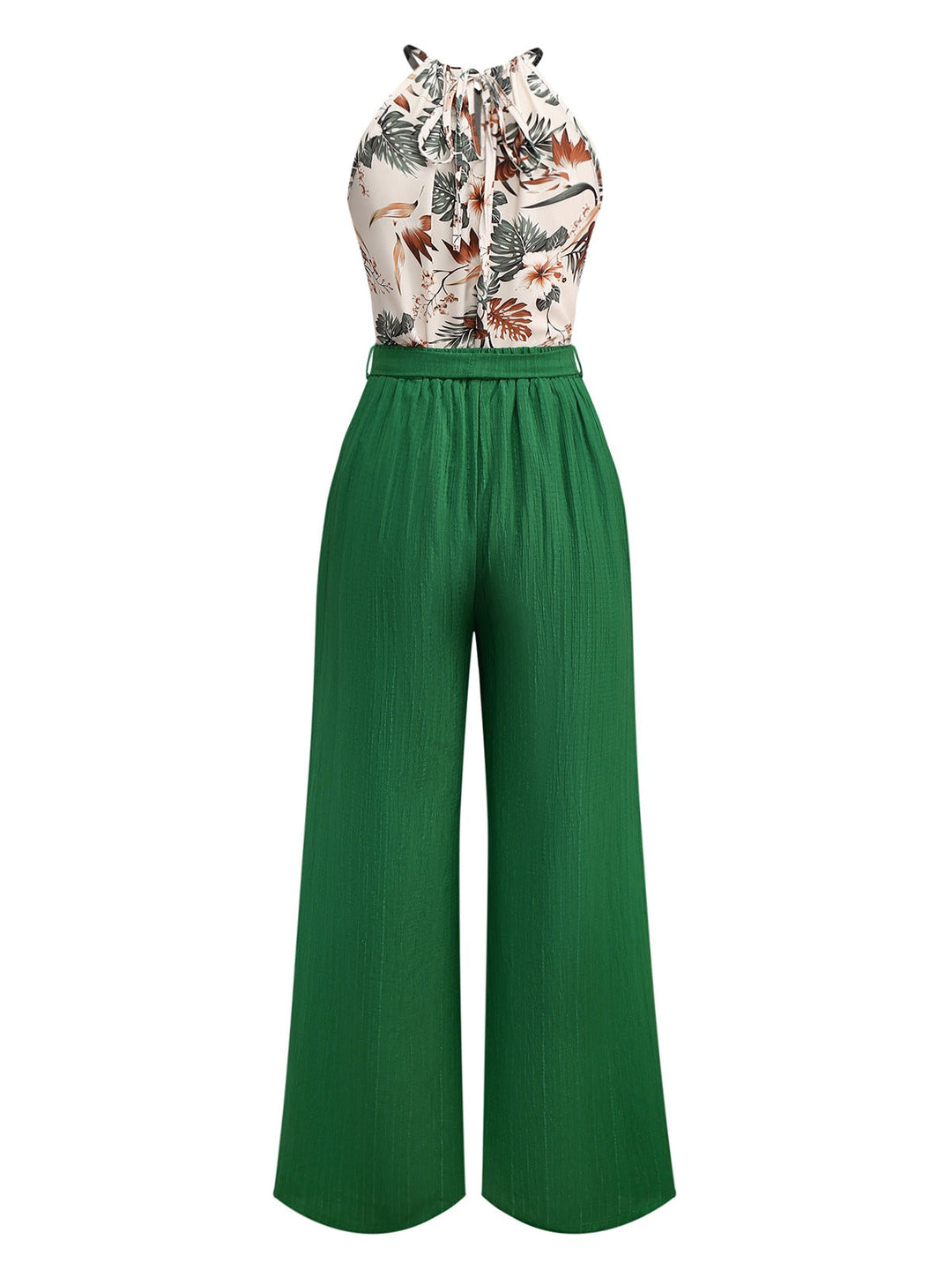 2PCS Green 1950s Tropical Plants Halter Top &amp; Textured Pants - vintage fashion, retro style, elegant red