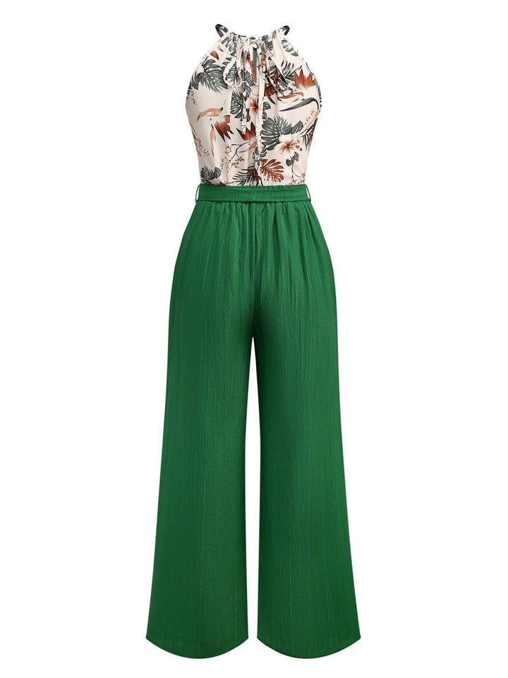 2PCS Green 1950s Tropical Plants Halter Top &amp; Textured Pants - vintage fashion, retro style, elegant red