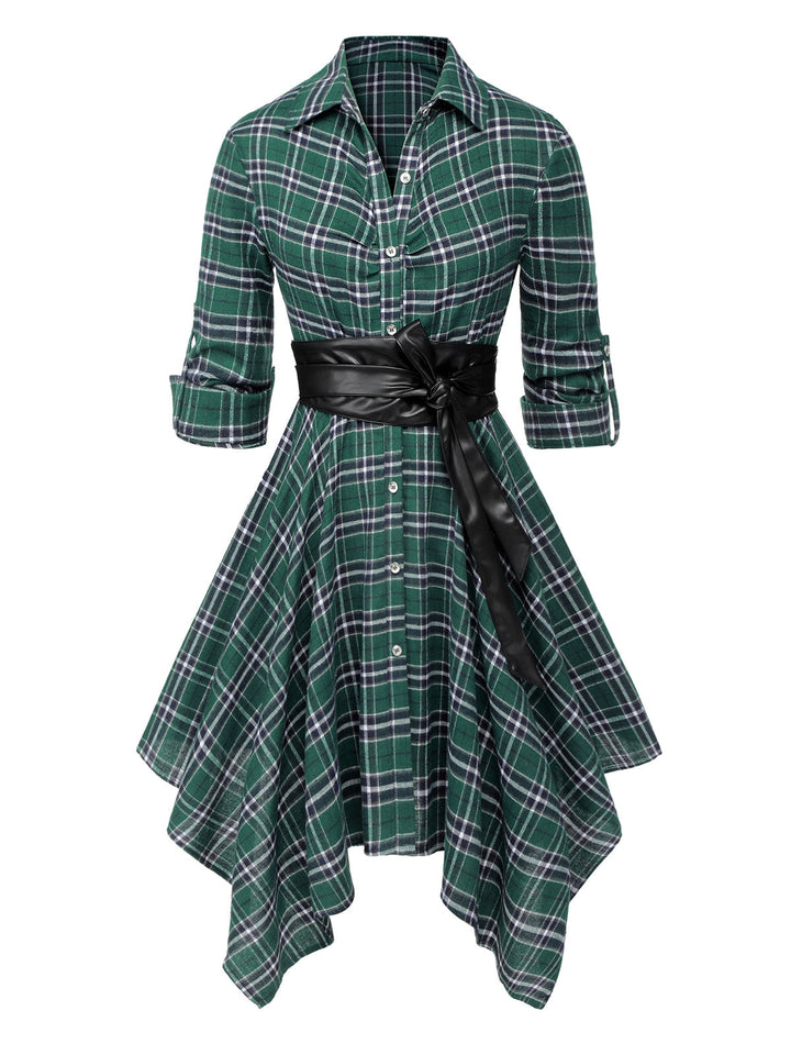 1950s 3/4 Sleeve Plaid Belt Dress: timeless style reimagined
