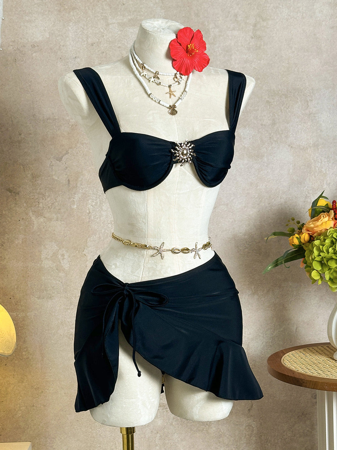 3PCS 1950s Solid Metal Sun Chain Accent Bikini Set &amp; Cover-Up - vintage fashion, retro style