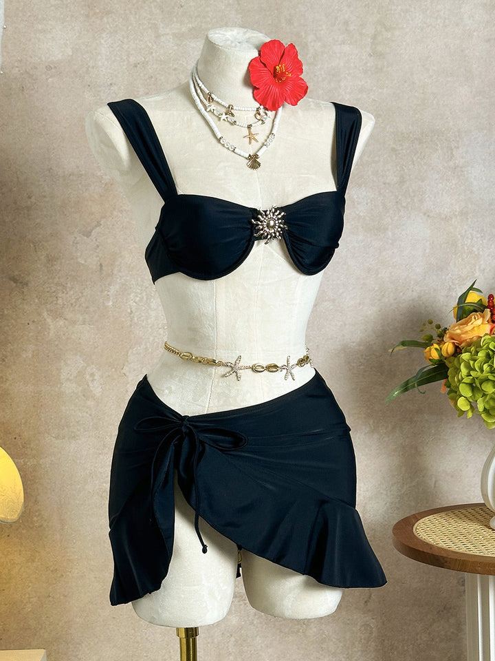 3PCS 1950s Solid Metal Sun Chain Accent Bikini Set &amp; Cover-Up - vintage fashion, retro style