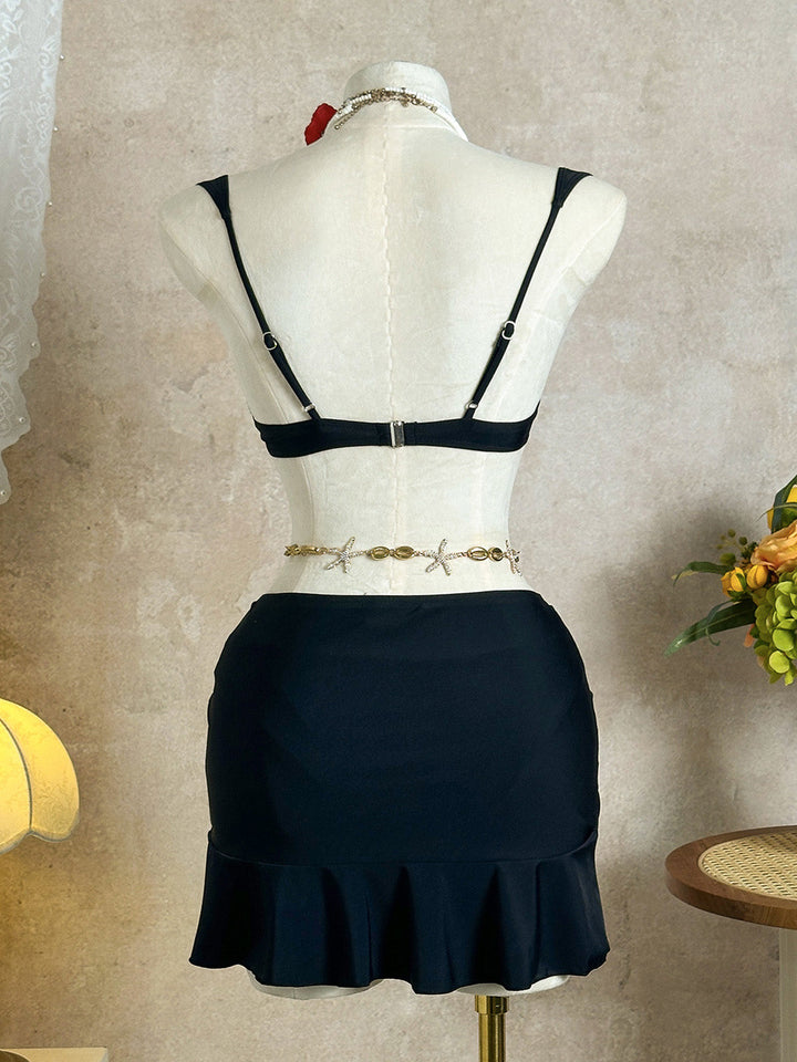 3PCS 1950s Solid Metal Sun Chain Accent Bikini Set &amp; Cover-Up - vintage fashion, retro style