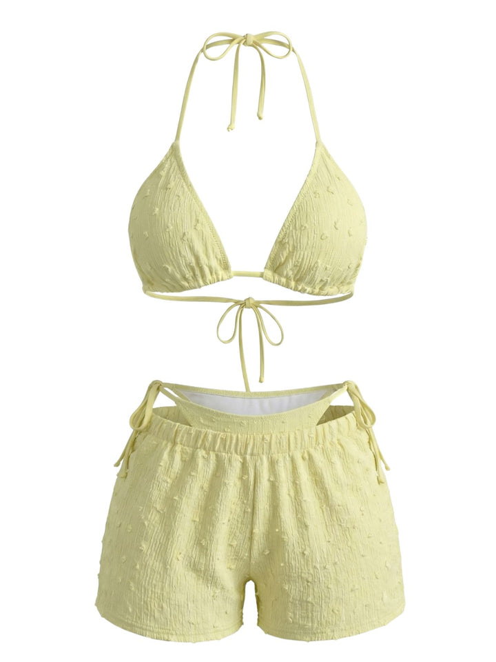 3PCS Yellow 1950s Textured Halter Bikini Set &amp; Shorts - vintage fashion, retro style, elegant red
