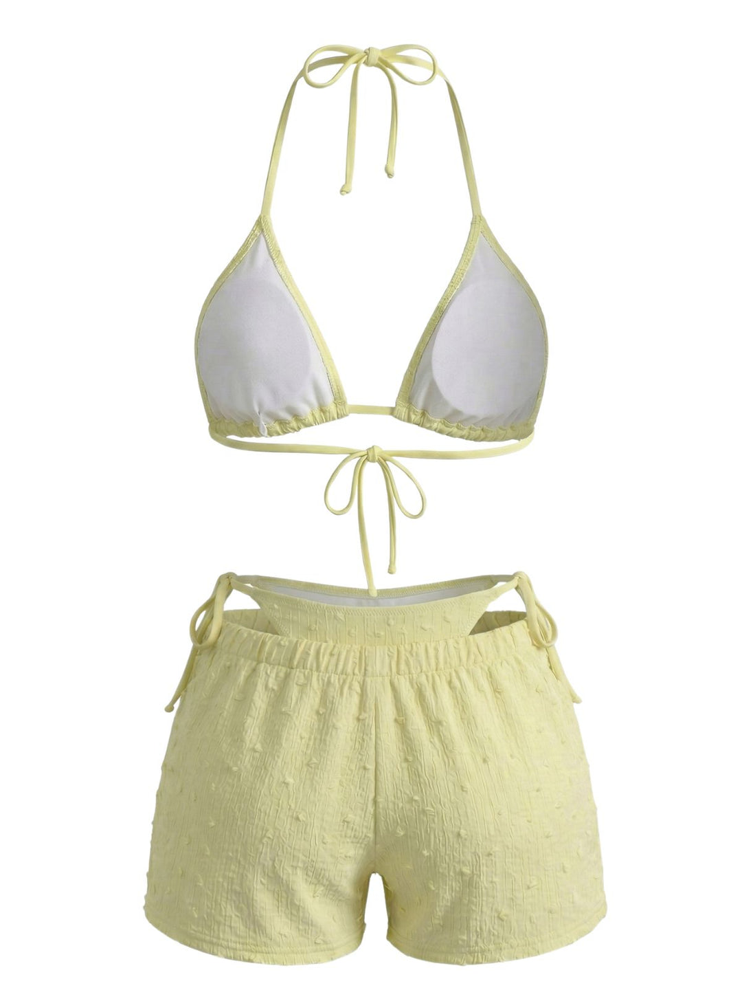 3PCS Yellow 1950s Textured Halter Bikini Set &amp; Shorts - vintage fashion, retro style, elegant red