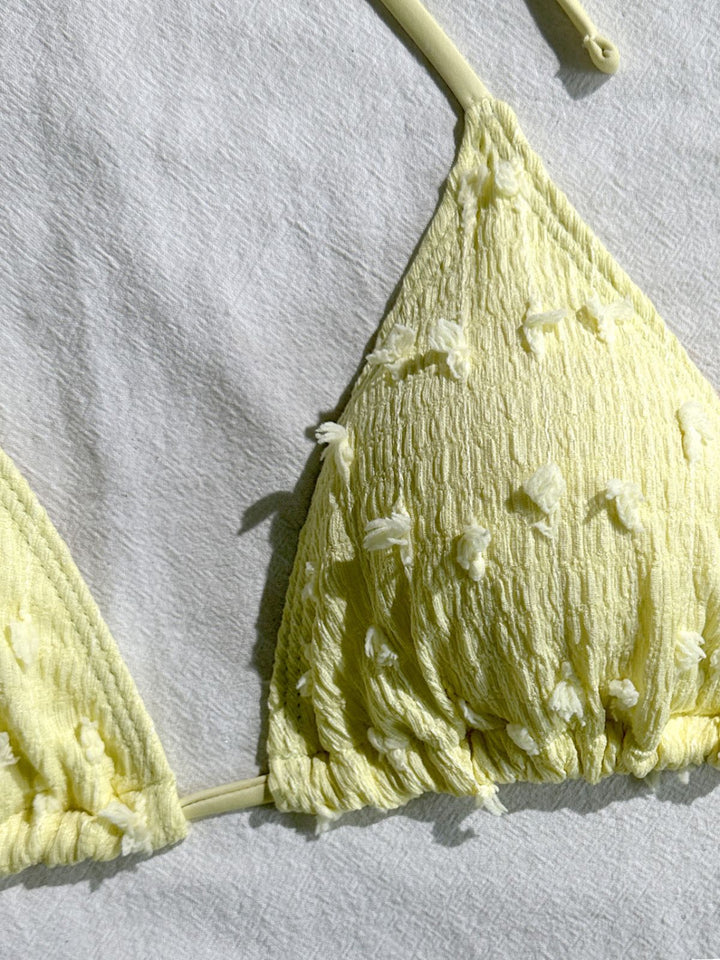 3PCS Yellow 1950s Textured Halter Bikini Set &amp; Shorts - vintage fashion, retro style, elegant red