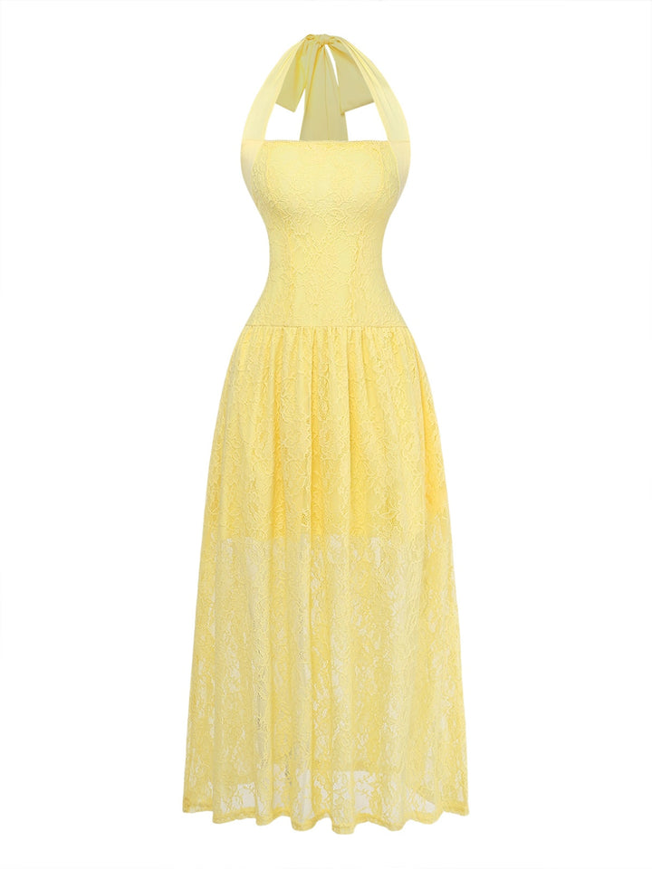1950s Backless Lace Solid Halter Dress - vintage dress, retro fashion, rockabilly, pin-up fashion for vintage lovers
