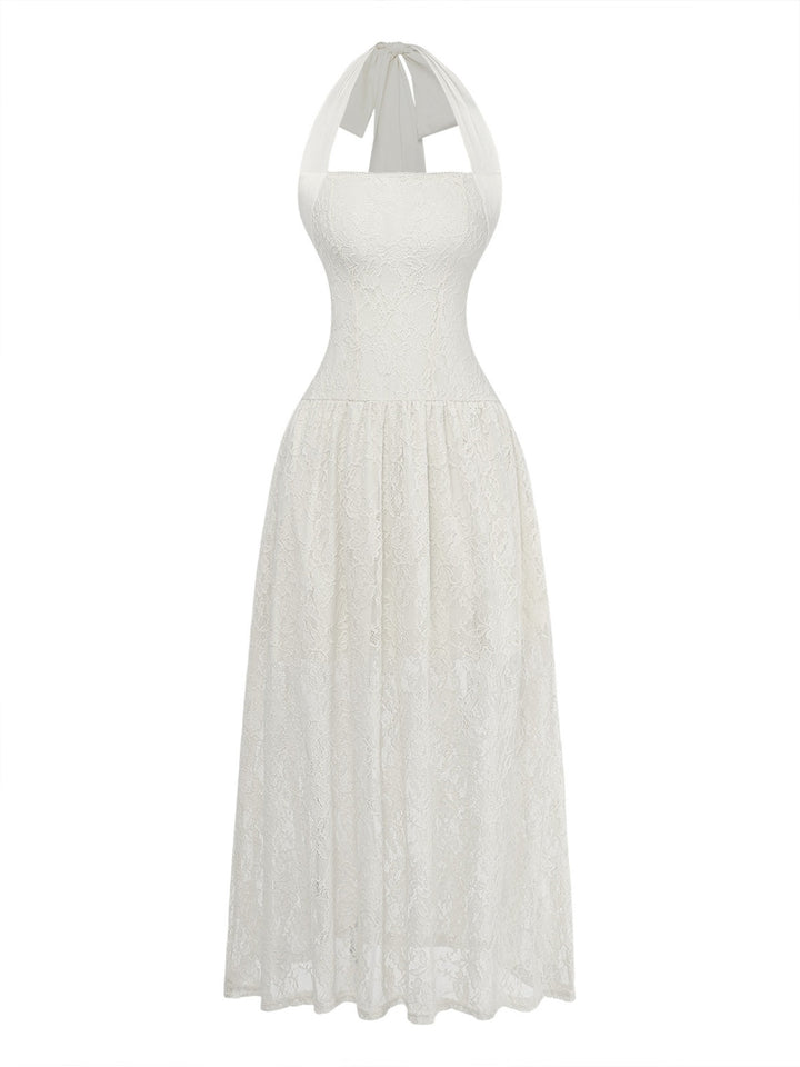 1950s Backless Fitted Waist Halter Solid Long Dress