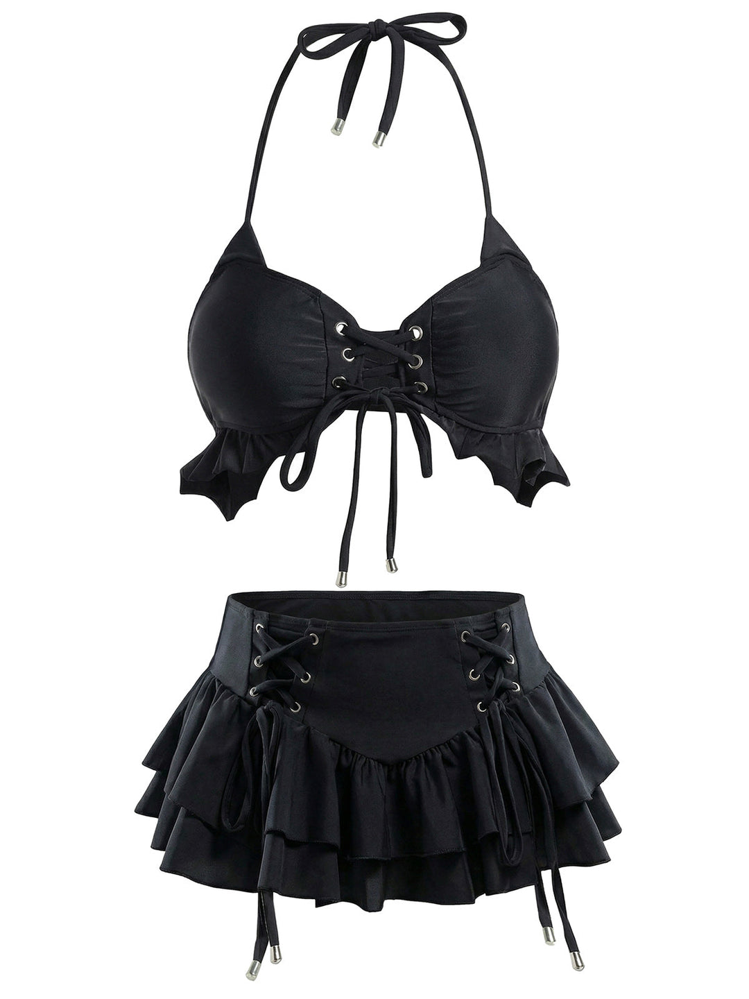 Black 1950s Halter Lace Up Bikini Set &amp; Tiered Cover Up - vintage fashion, retro style, classic black