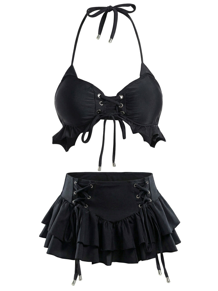 Black 1950s Halter Lace Up Bikini Set &amp; Tiered Cover Up - vintage fashion, retro style, classic black