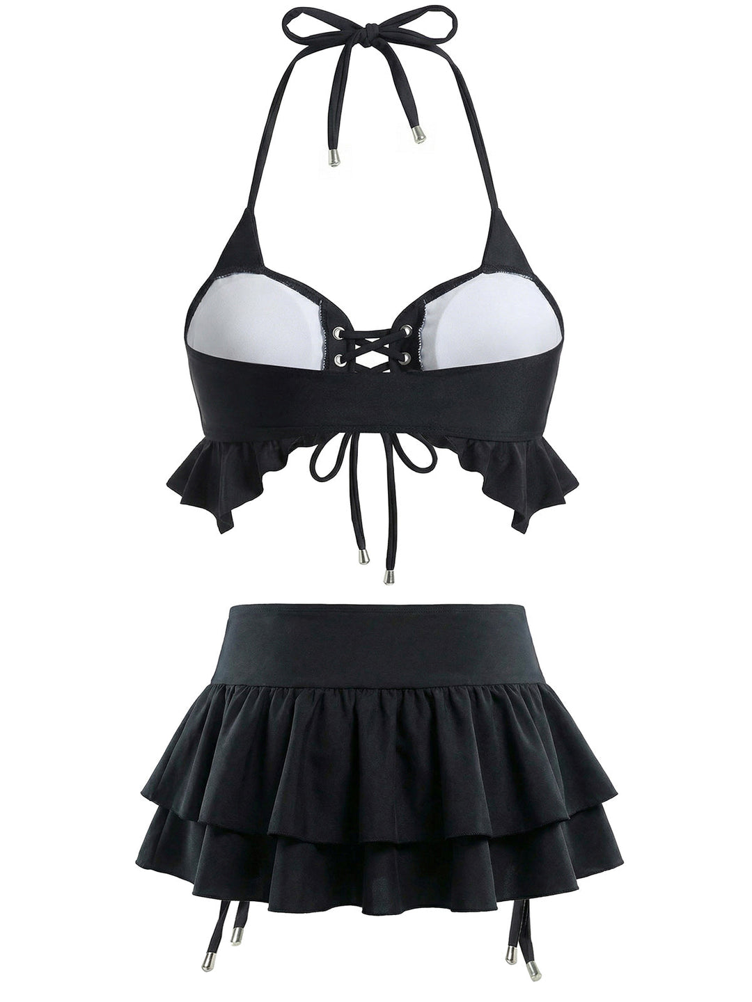 Black 1950s Halter Lace Up Bikini Set &amp; Tiered Cover Up - vintage fashion, retro style, classic black