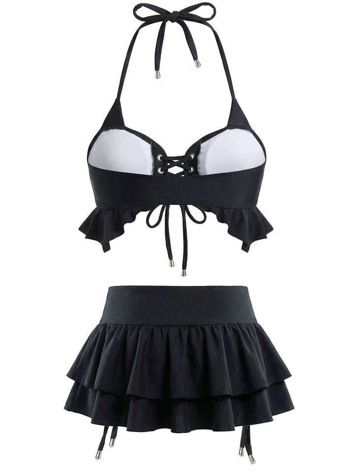 Black 1950s Halter Lace Up Bikini Set &amp; Tiered Cover Up - vintage fashion, retro style, classic black
