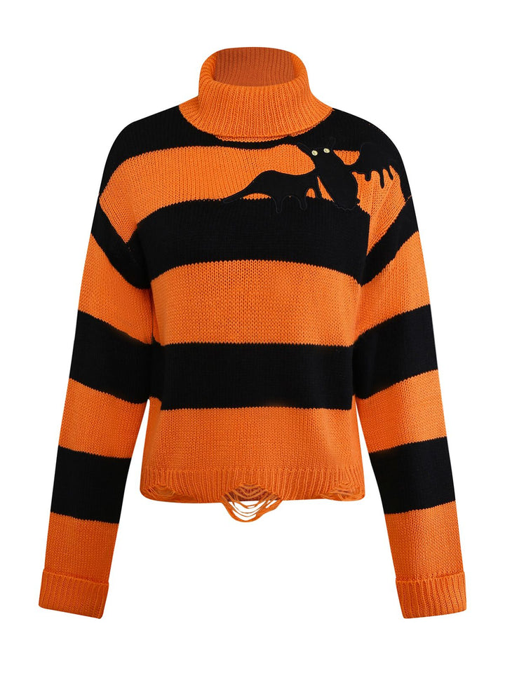 Black &amp; Orange 1950s Halloween Bat Applique Knit Sweater - vintage fashion, retro style, classic black