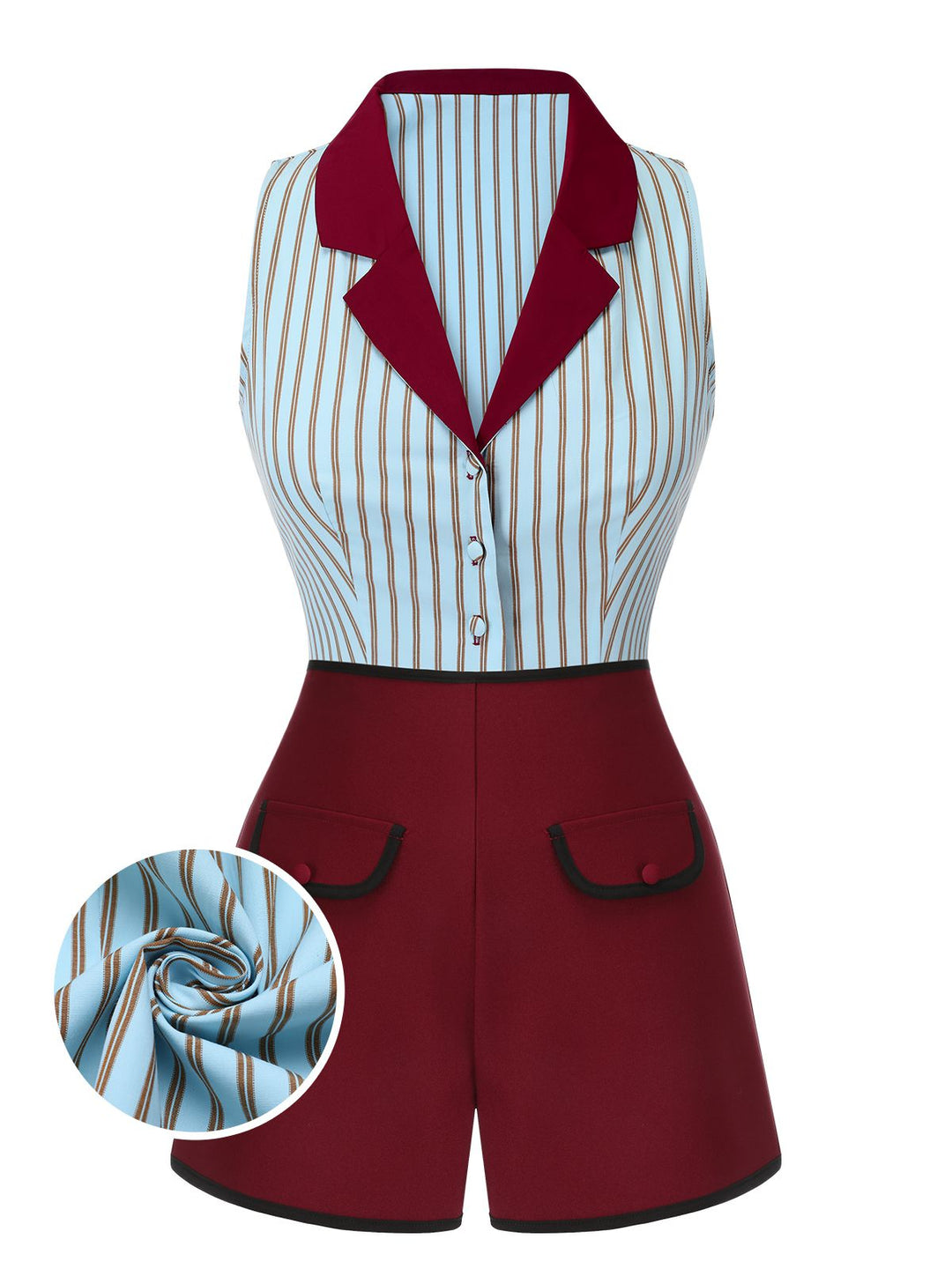 2PCS 1950s Blue Stripes Patchwork Blouse &amp; Red Solid Shorts - vintage fashion, style, elegant red