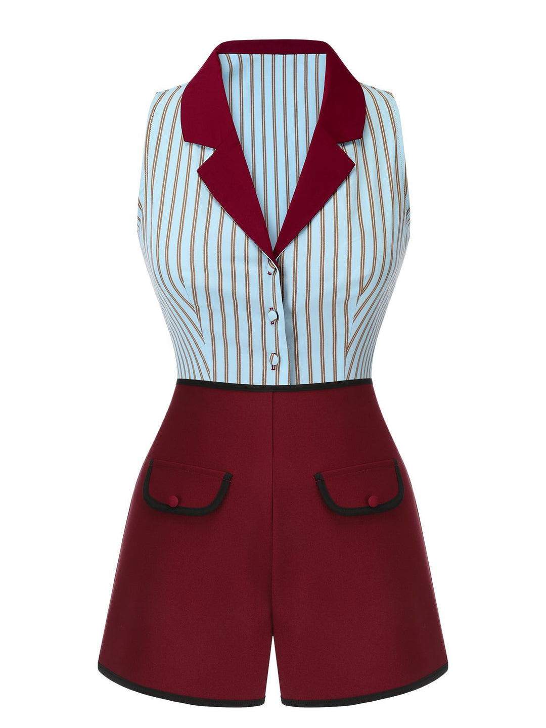 2PCS 1950s Blue Stripes Patchwork Blouse &amp; Red Solid Shorts - vintage fashion, style, elegant red