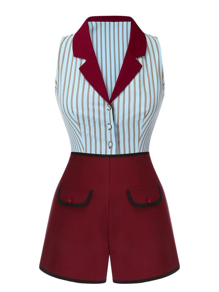 2PCS 1950s Blue Stripes Patchwork Blouse &amp; Red Solid Shorts - vintage fashion, style, elegant red