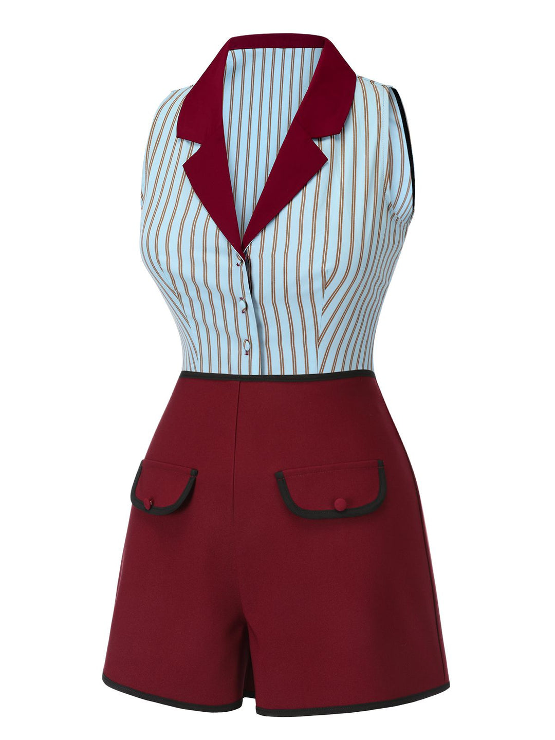 2PCS 1950s Blue Stripes Patchwork Blouse &amp; Red Solid Shorts - vintage fashion, style, elegant red