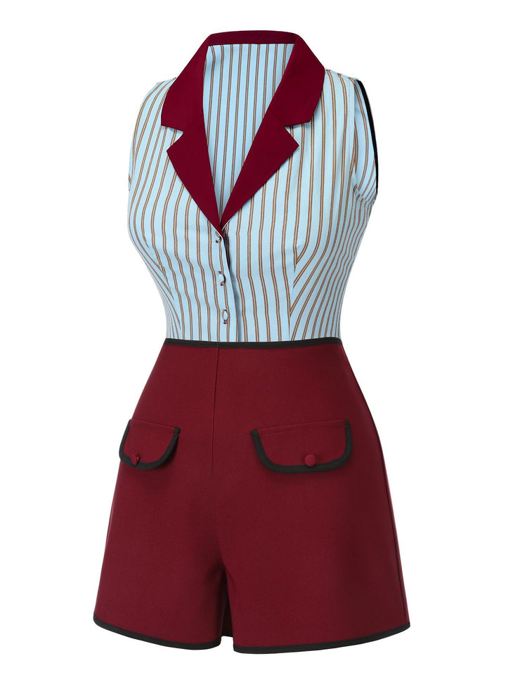 2PCS 1950s Blue Stripes Patchwork Blouse &amp; Red Solid Shorts - vintage fashion, style, elegant red