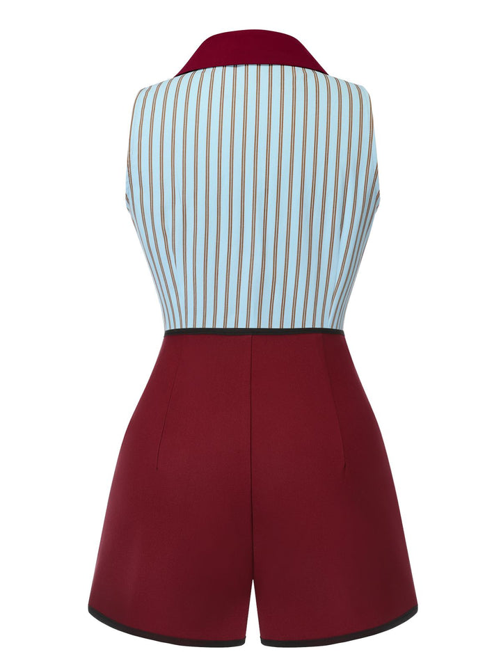 2PCS 1950s Blue Stripes Patchwork Blouse &amp; Red Solid Shorts - vintage fashion, style, elegant red