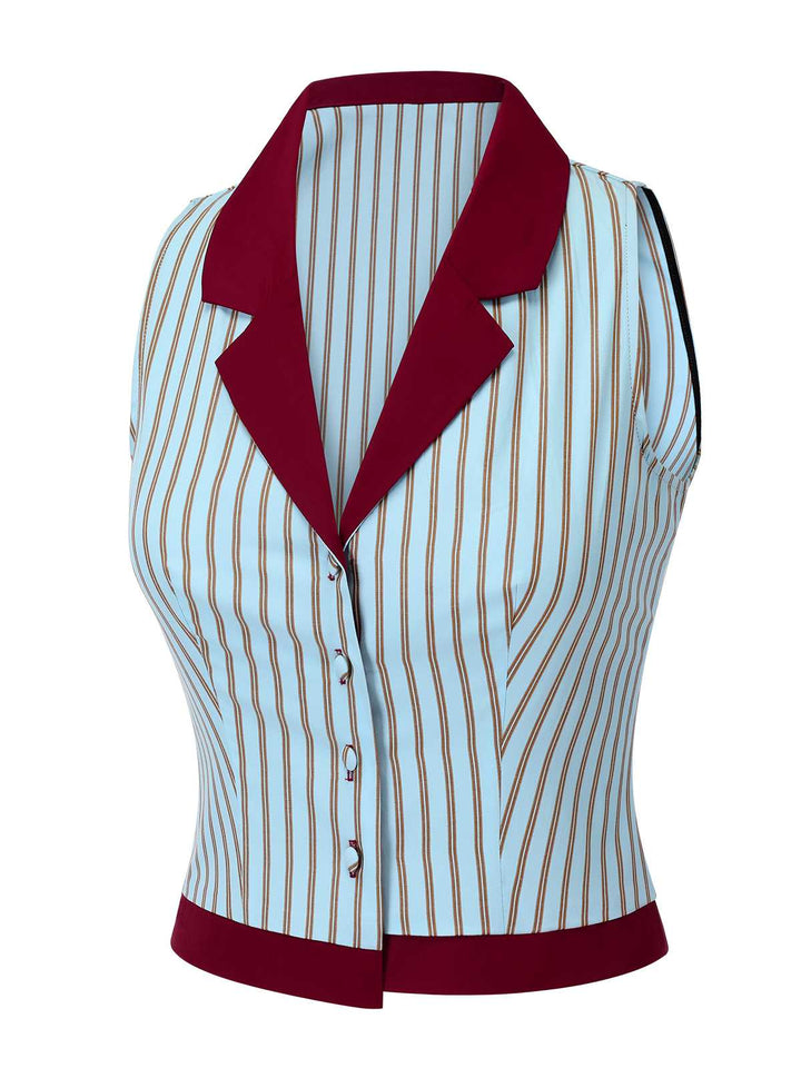 2PCS 1950s Blue Stripes Patchwork Blouse &amp; Red Solid Shorts - vintage fashion, style, elegant red
