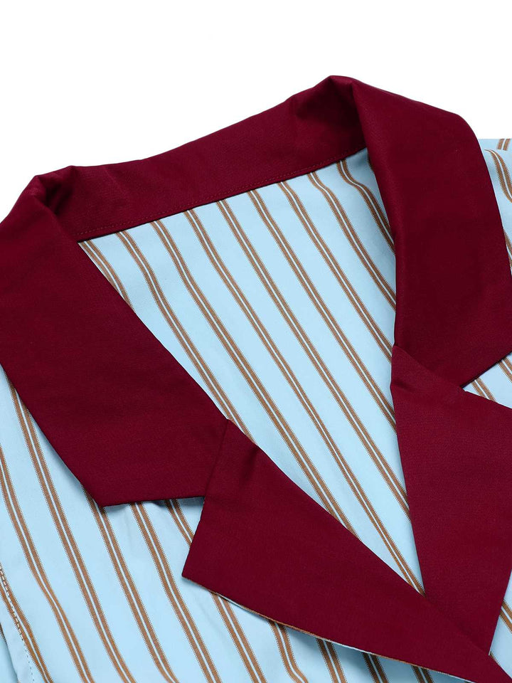 2PCS 1950s Blue Stripes Patchwork Blouse &amp; Red Solid Shorts - vintage fashion, style, elegant red