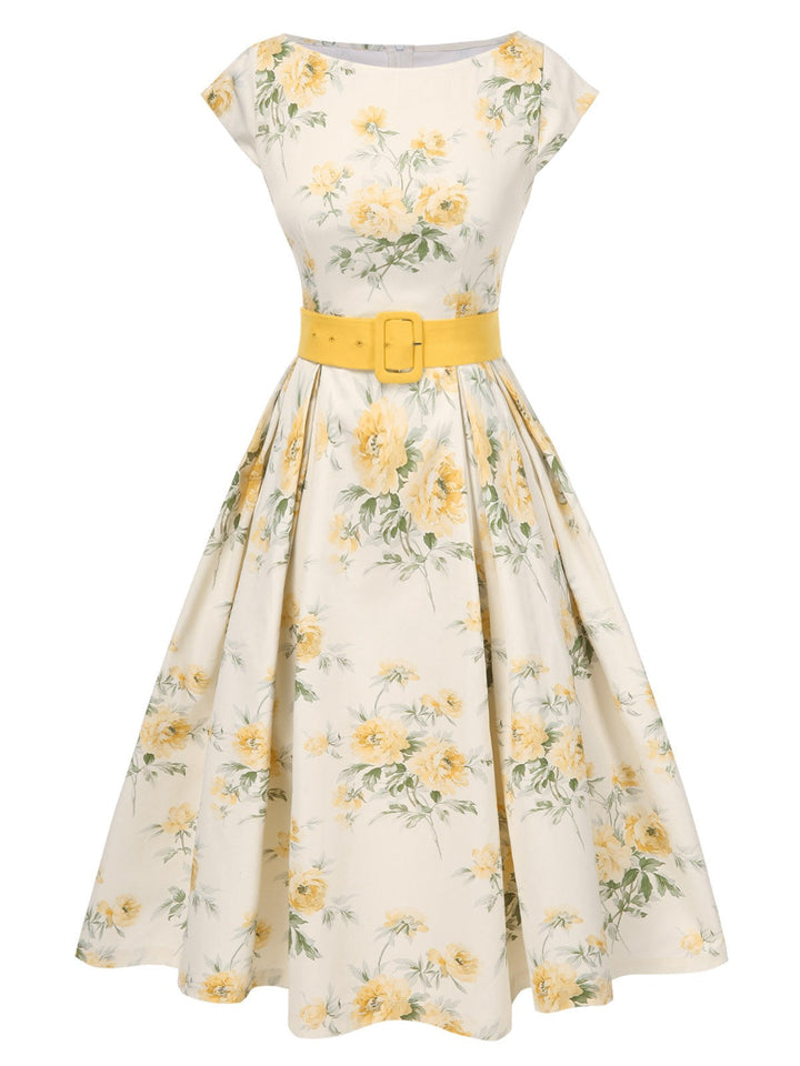 1950s-Boat-Neck-Belted-Floral-Dress, vintage, retro, dress