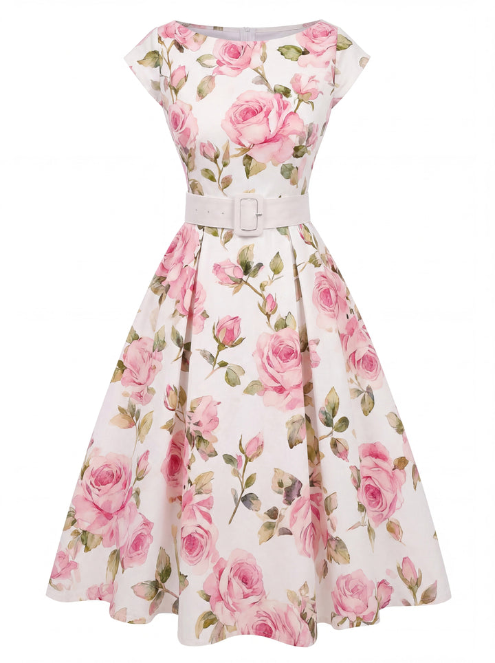 1950s-Boat-Neck-Belted-Floral-Dress, vintage, retro, dress