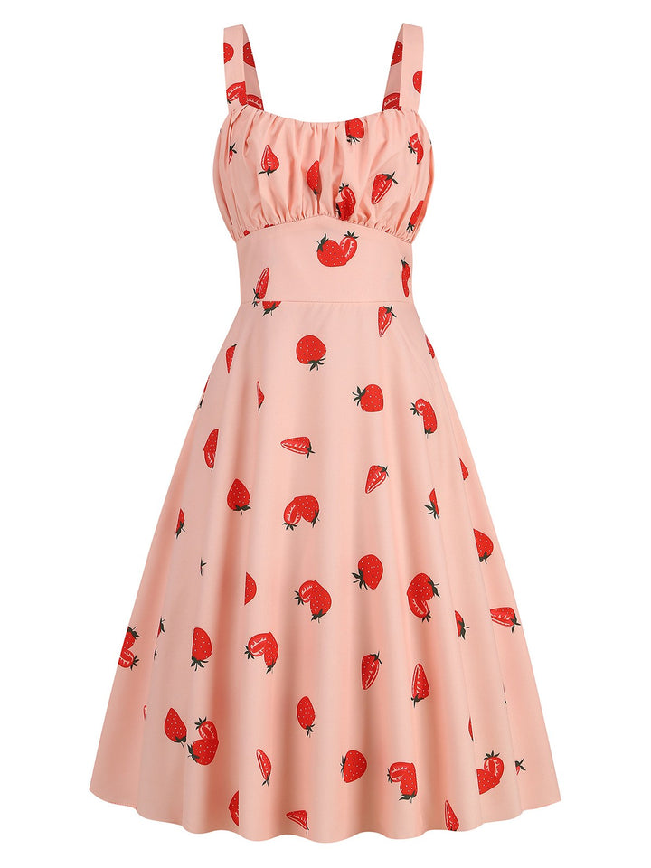 She slips into this 1950s Botanical Print Strap High Waist Dress and suddenly it&