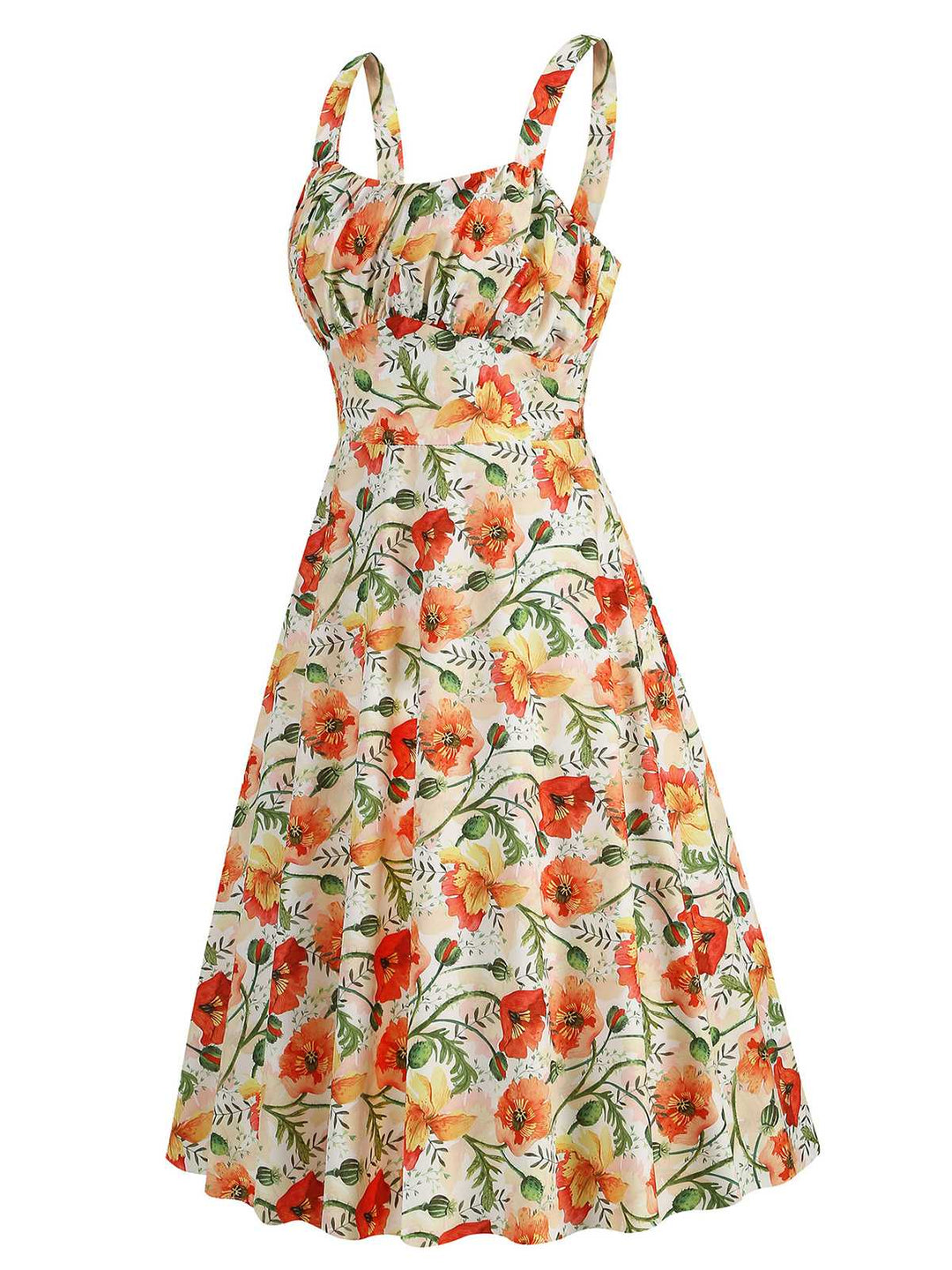 She slips into this 1950s Botanical Print Strap High Waist Dress and suddenly it&