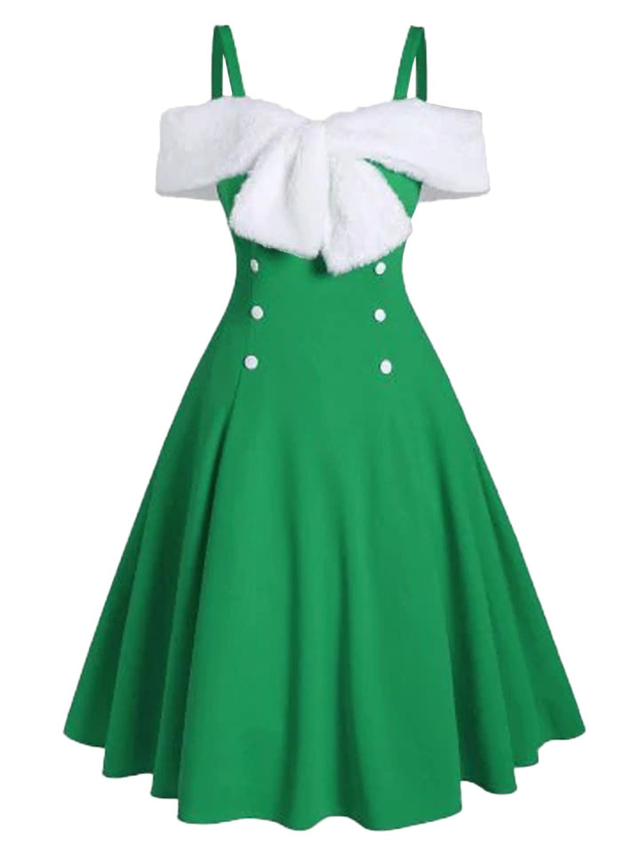 1950s Bow Cold Shoulder Swing Dress, classic 1950s style elegant fashion - Image 1
