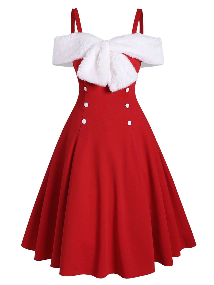 1950s Bow Cold Shoulder Swing Dress, classic 1950s style elegant fashion - Image 5