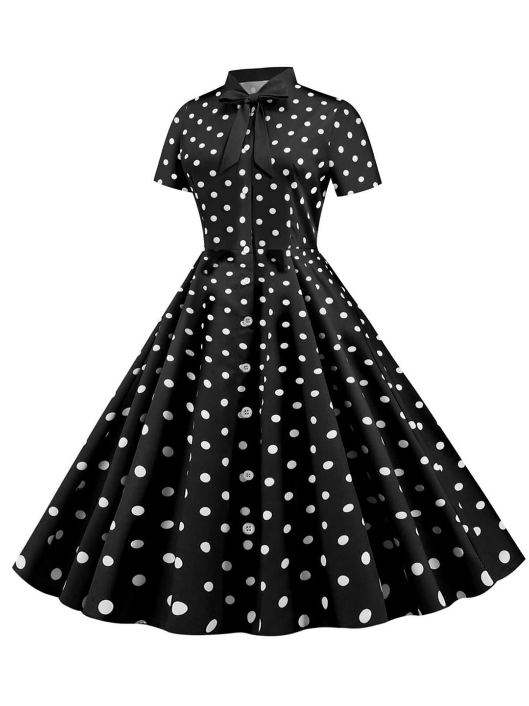 She slips into this 1950s Bow Collar Striped Dots Swing Dress and suddenly it&
