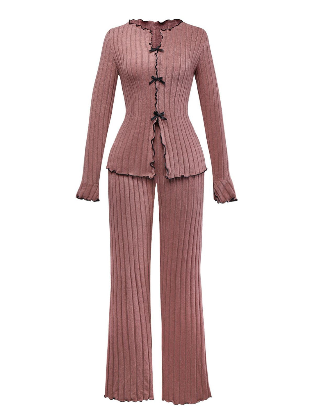 Bow Knitted Ruffled Long Pajama Set - vintage fashion, retro style