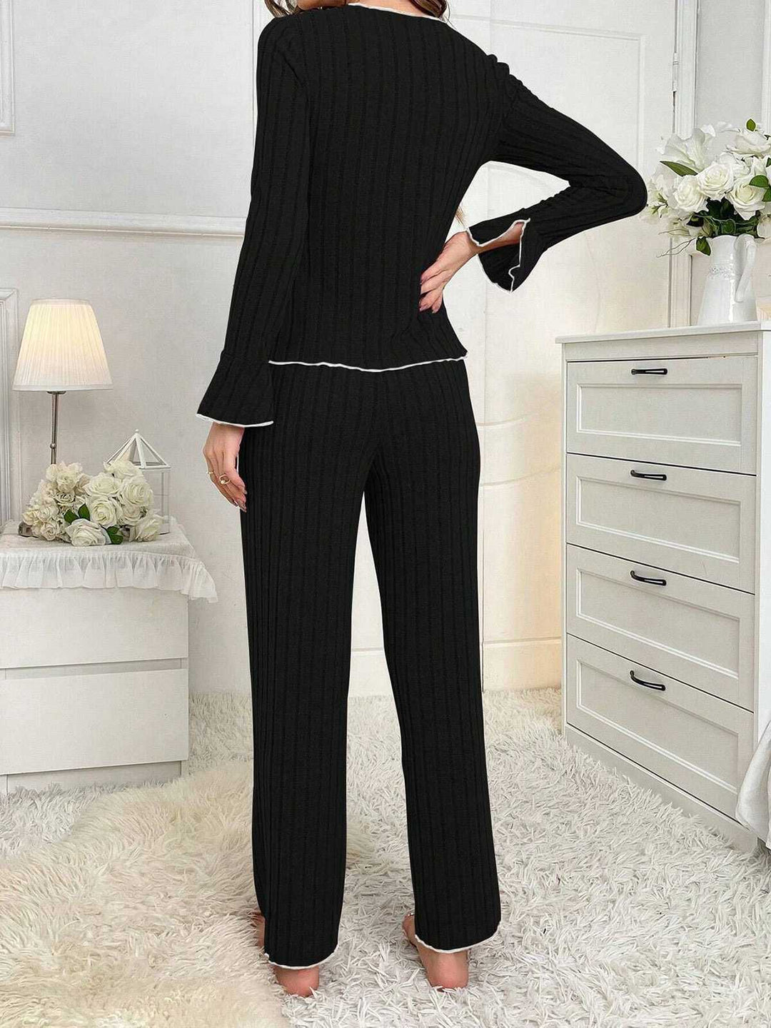 Bow Knitted Ruffled Long Pajama Set - vintage fashion, retro style