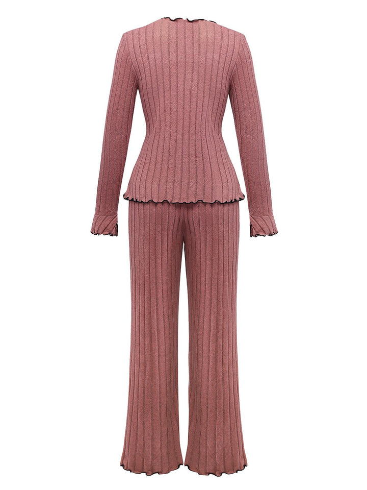 Bow Knitted Ruffled Long Pajama Set - vintage fashion, retro style