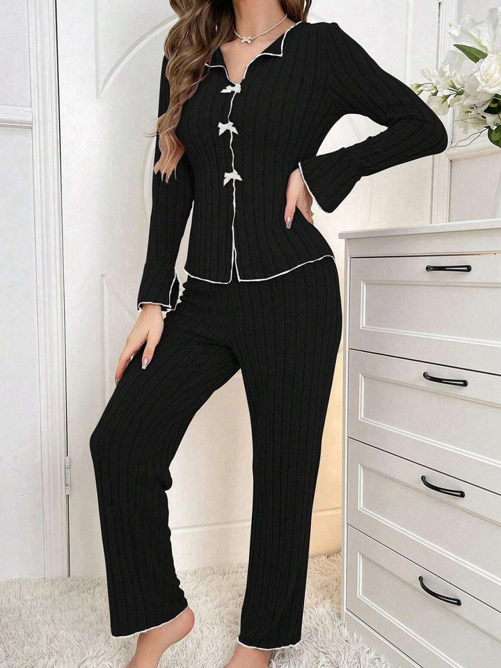 Bow Knitted Ruffled Long Pajama Set - vintage fashion, retro style