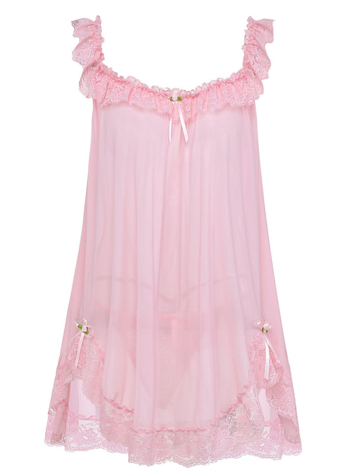 Bow Lace Trim Sheer Mesh Babydoll Nightgown - vintage nightgown, retro sleepwear