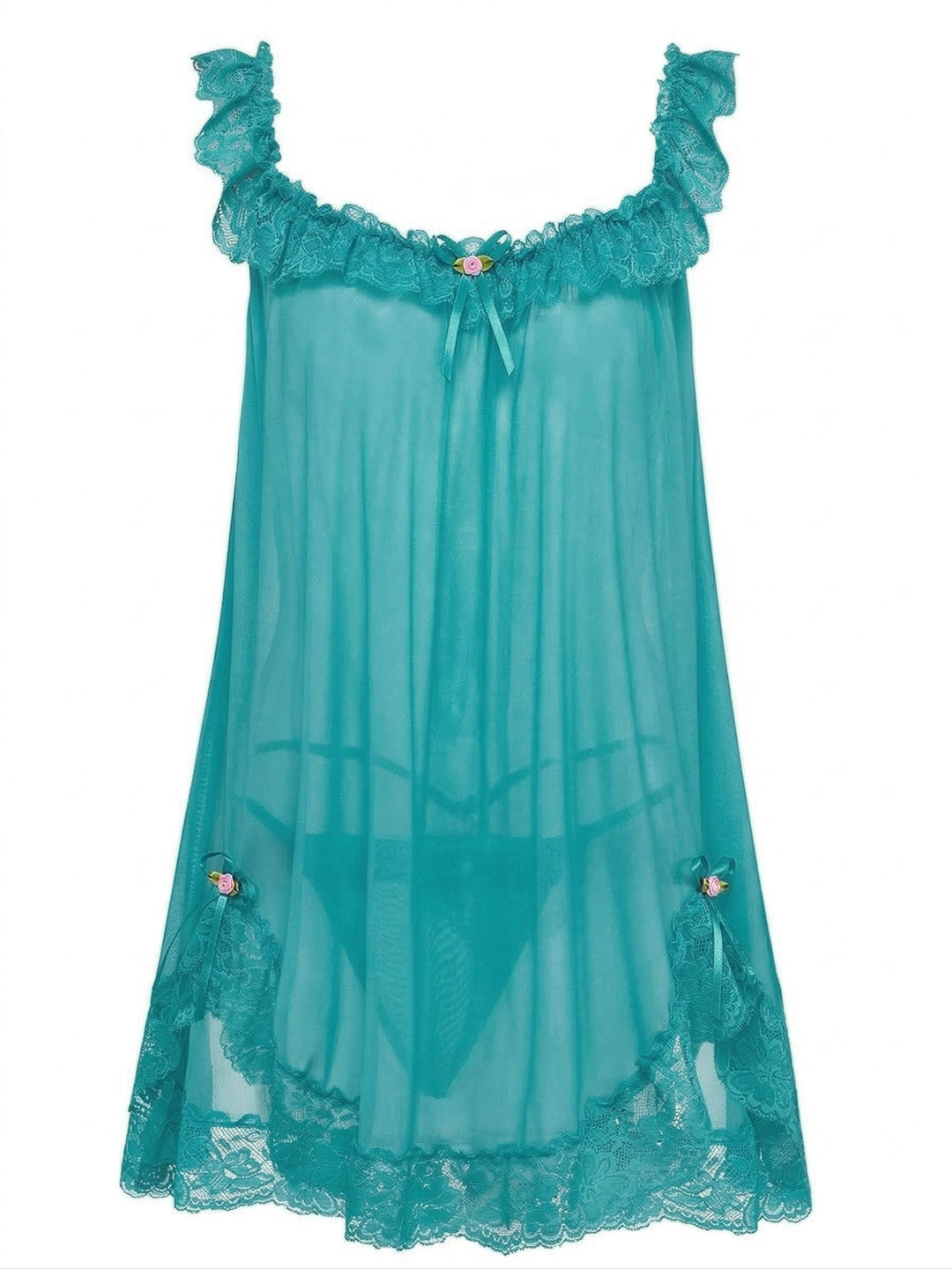 Bow Lace Trim Sheer Mesh Babydoll Nightgown - vintage nightgown, retro sleepwear
