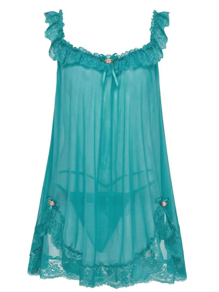 Bow Lace Trim Sheer Mesh Babydoll Nightgown - vintage nightgown, retro sleepwear
