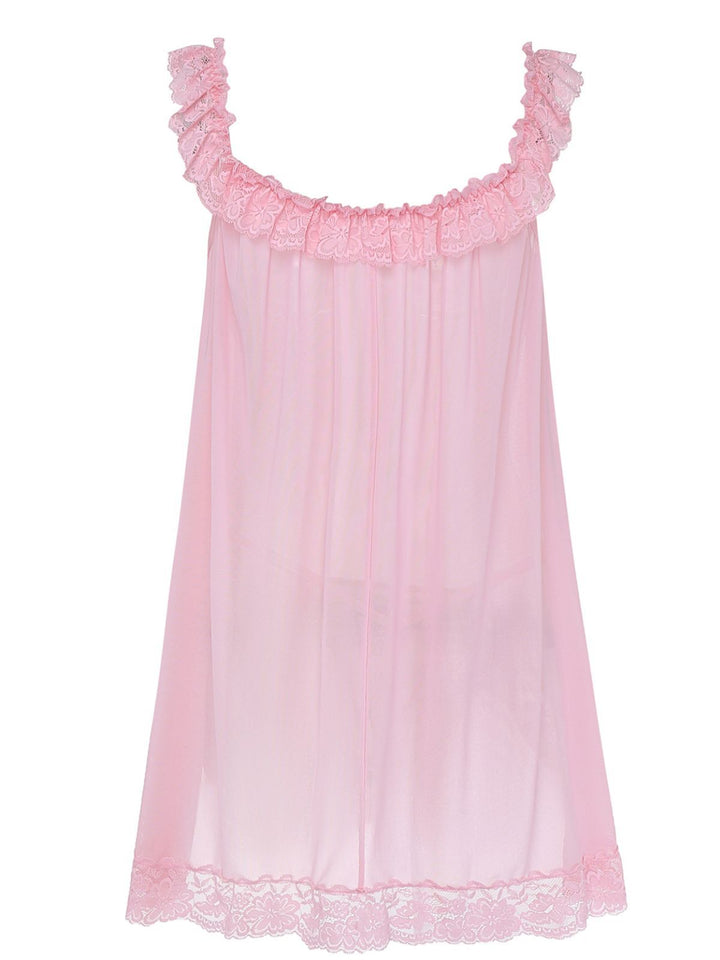 Bow Lace Trim Sheer Mesh Babydoll Nightgown - vintage nightgown, retro sleepwear