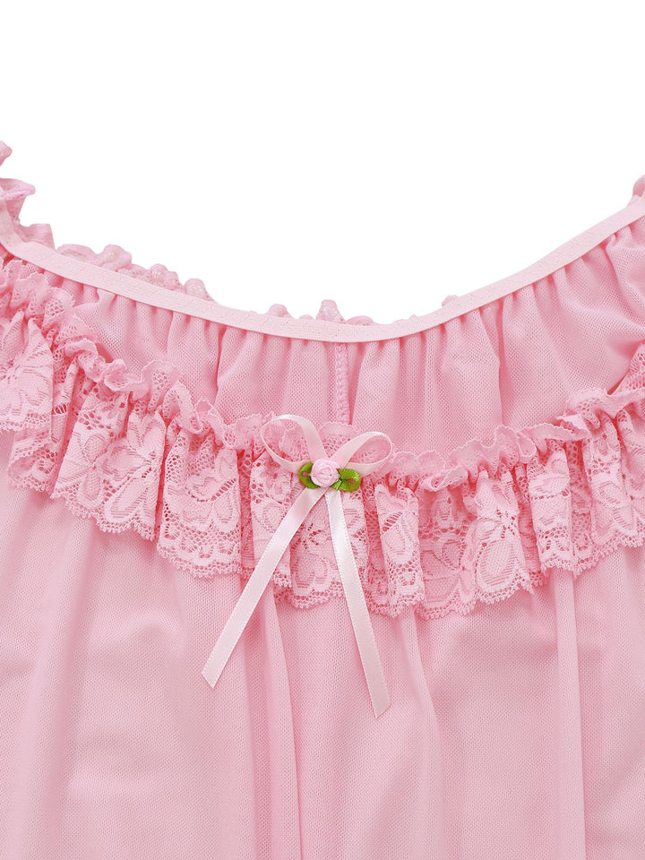 Bow Lace Trim Sheer Mesh Babydoll Nightgown - vintage nightgown, retro sleepwear