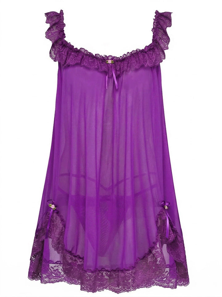 Bow Lace Trim Sheer Mesh Babydoll Nightgown - vintage nightgown, retro sleepwear