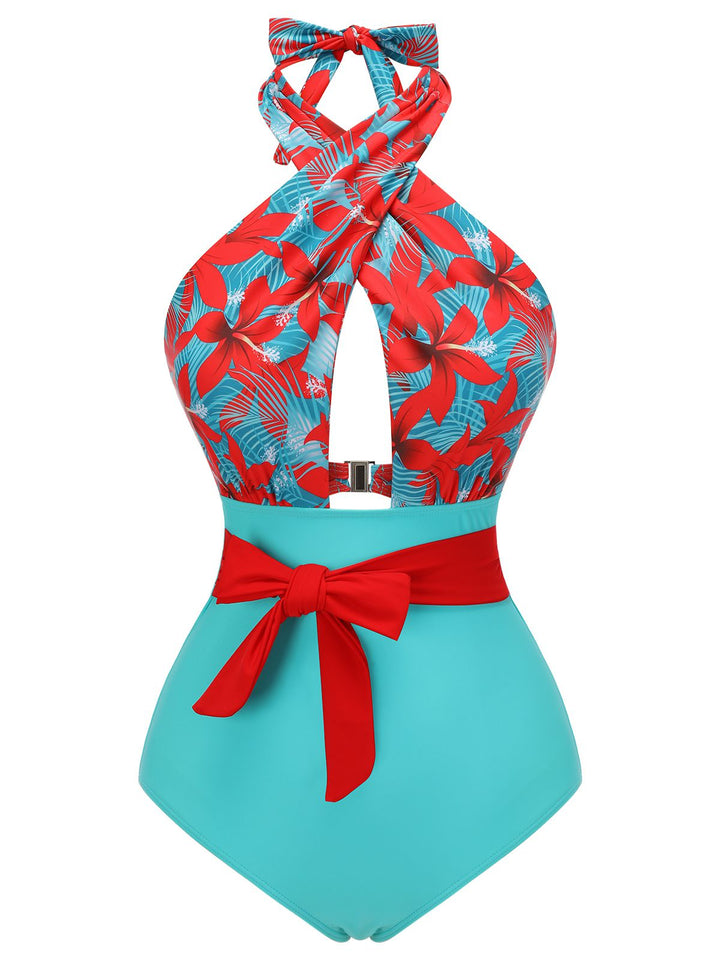 Side view: 1950s 1950s Bow Tie Floral Cross Straps