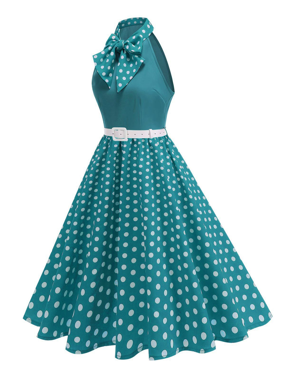 1950s Bow Tie Neck Polka Dot Belted Dress - vintage dress, retro fashion, rockabilly