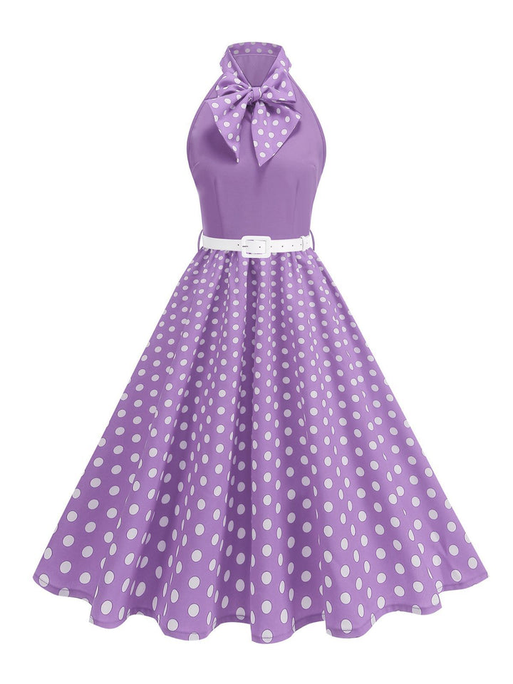 1950s Bow Tie Neck Polka Dot Belted Dress - vintage dress, retro fashion, rockabilly