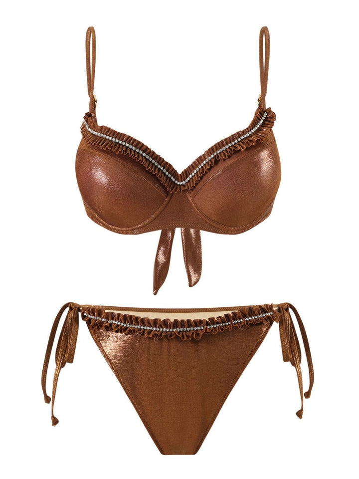 Brown 1950s Shiny Rhinestones Headed Ruffle Bikini Set - vintage fashion, retro style