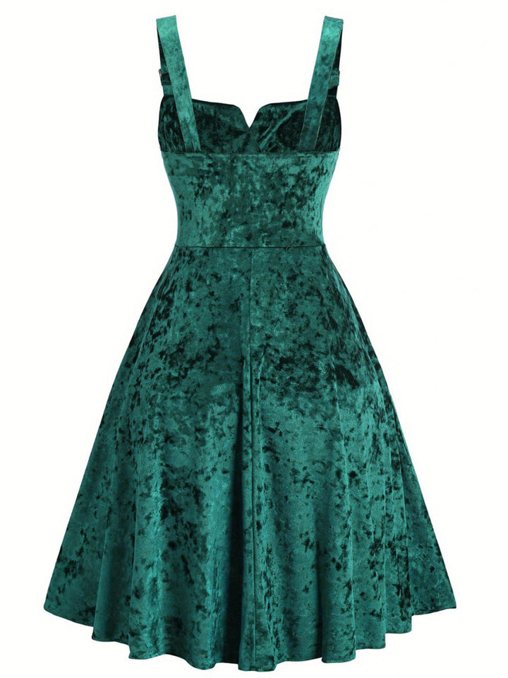 1950s Buckle Strap Velvet Sleeveless Dress - vintage dress, retro fashion, rockabilly