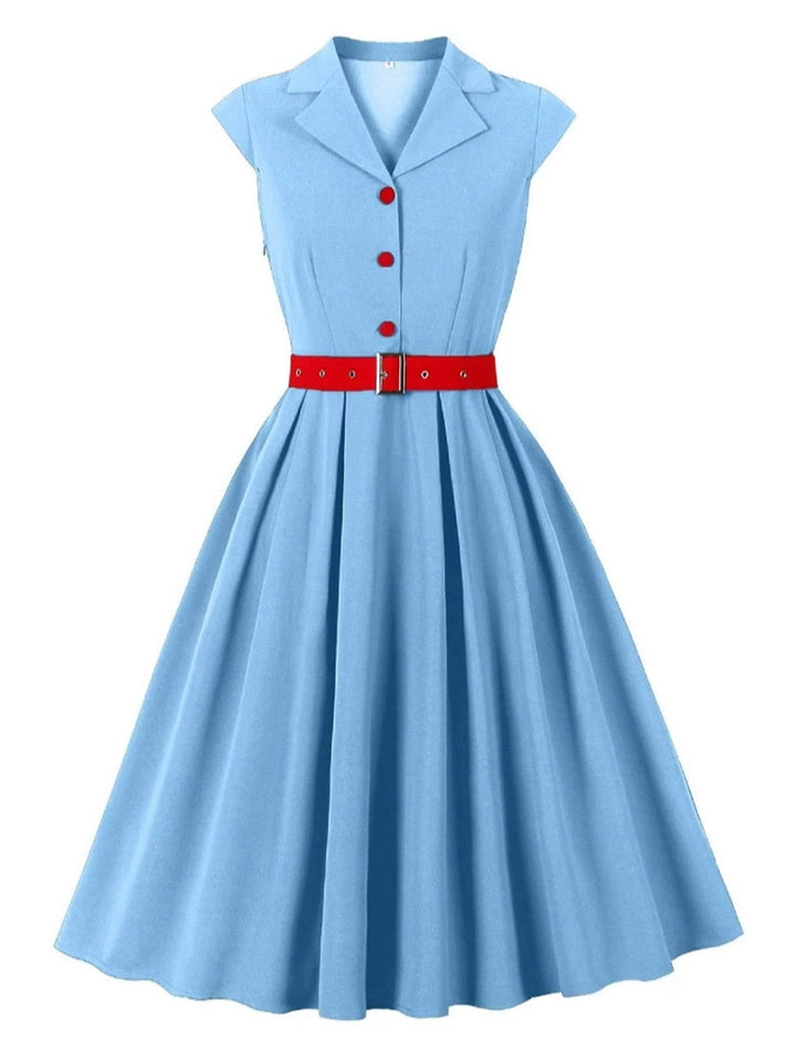 1950s Button Cap Sleeve Lapel Belted Dress - vintage dress, retro fashion, rockabilly