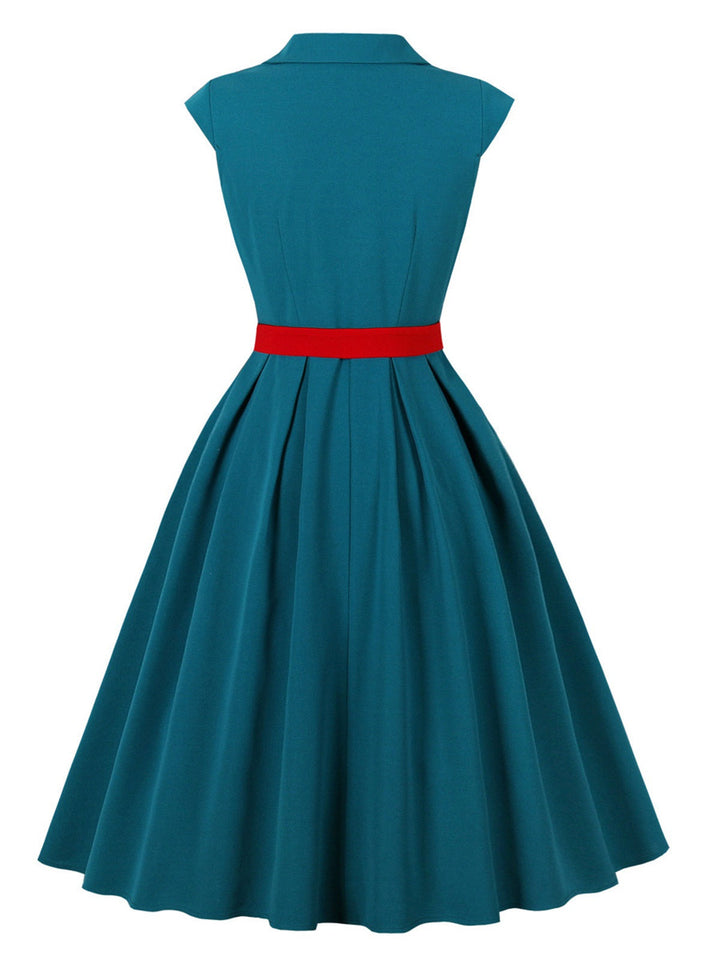 1950s Button Cap Sleeve Lapel Belted Dress - vintage dress, retro fashion, rockabilly
