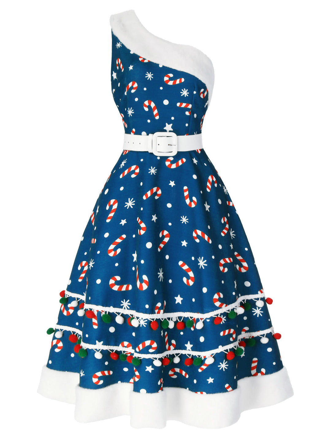 1950s Candy Cane One-Shoulder Dress — a 1950s silhouette that turns sidewalks into runways