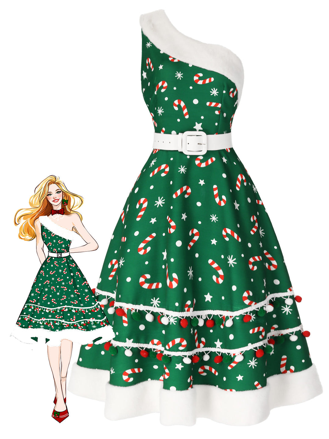 She slips into this 1950s Candy Cane One-Shoulder Dress and suddenly it&